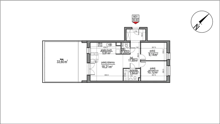 Rzut - Mieszkanie na sprzedaż 3 pokoje o powierzchni 60,63 m² - numer 4 m. 31 w Osiedle Rytm etap 3