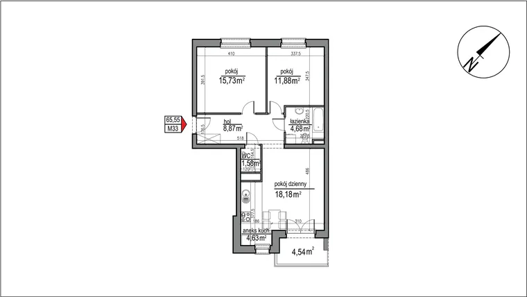 Rzut - Mieszkanie na sprzedaż 3 pokoje o powierzchni 65,55 m² - numer 4 m. 33 w Osiedle Rytm etap 3