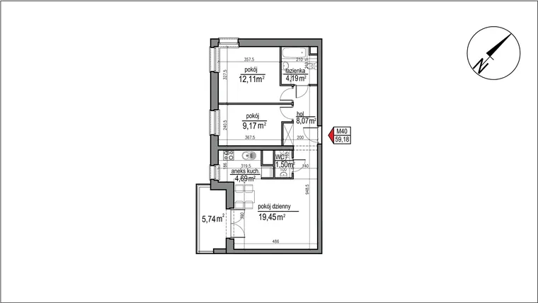 Rzut - Mieszkanie na sprzedaż 3 pokoje o powierzchni 59,18 m² - numer 4 m. 40 w Osiedle Rytm etap 3