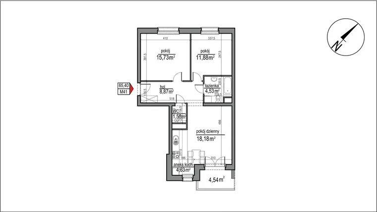 Rzut - Mieszkanie na sprzedaż 3 pokoje o powierzchni 65,4 m² - numer 4 m. 41 w Osiedle Rytm etap 3