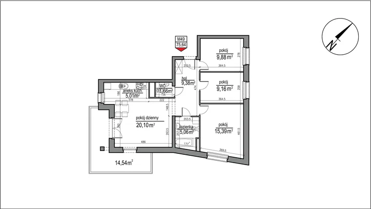 Rzut - Mieszkanie na sprzedaż 4 pokoje o powierzchni 75,64 m² - numer 4 m. 49 w Osiedle Rytm etap 3