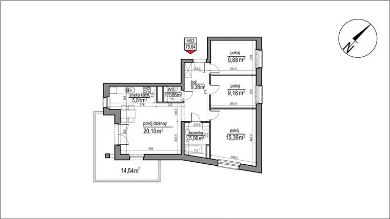 Rzut - Mieszkanie na sprzedaż 4 pokoje o powierzchni 75,64 m² - numer 4 m. 53 w Osiedle Rytm etap 3