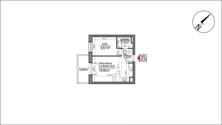 Rzut - Mieszkanie na sprzedaż 2 pokoje o powierzchni 34,28 m² - numer 4 m. 59 w Osiedle Rytm etap 3