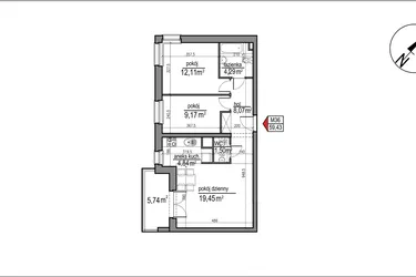 Rzut - Mieszkanie na sprzedaż 3 pokoje o powierzchni 59,43 m² - numer 4 m. 36 w Osiedle Rytm etap 3