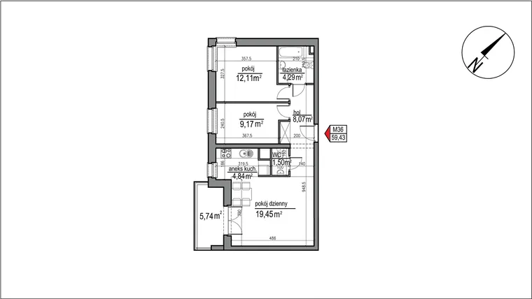 Rzut - Mieszkanie na sprzedaż 3 pokoje o powierzchni 59,43 m² - numer 4 m. 36 w Osiedle Rytm etap 3