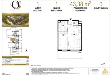 Rzut - Mieszkanie na sprzedaż 2 pokoje o powierzchni 43,38 m² - numer 1.M1 w Osiedle Saturna
