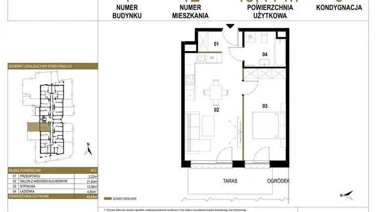 Rzut - Mieszkanie na sprzedaż 2 pokoje o powierzchni 43,41 m² - numer 1.M12 w Osiedle Saturna