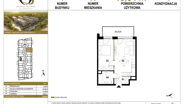 Rzut - Mieszkanie na sprzedaż 2 pokoje o powierzchni 40,64 m² - numer 1.M17 w Osiedle Saturna
