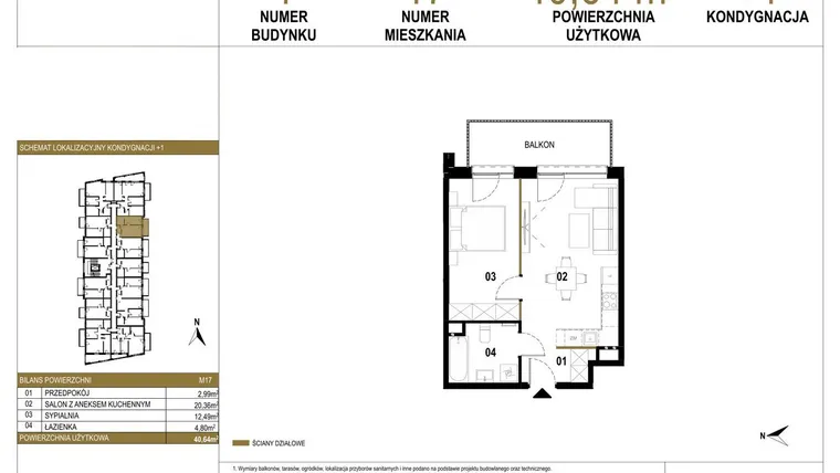 Rzut - Mieszkanie na sprzedaż 2 pokoje o powierzchni 40,64 m² - numer 1.M17 w Osiedle Saturna