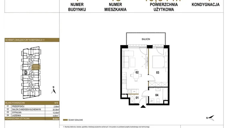 Rzut - Mieszkanie na sprzedaż 2 pokoje o powierzchni 40,64 m² - numer 1.M18 w Osiedle Saturna