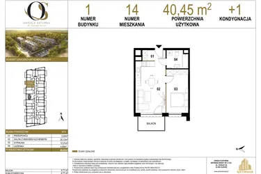 Rzut - Mieszkanie na sprzedaż 2 pokoje o powierzchni 40,45 m² - numer 1.M14 w Osiedle Saturna