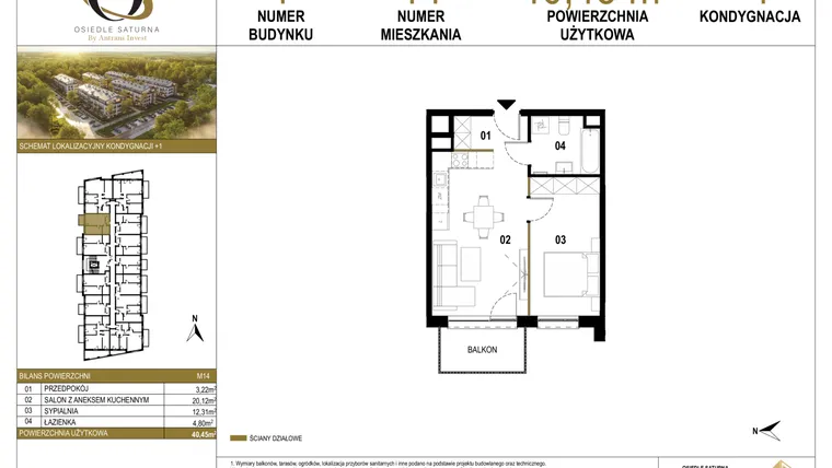 Rzut - Mieszkanie na sprzedaż 2 pokoje o powierzchni 40,45 m² - numer 1.M14 w Osiedle Saturna