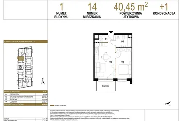 Rzut - Mieszkanie na sprzedaż 2 pokoje o powierzchni 40,45 m² - numer 1.M14 w Osiedle Saturna