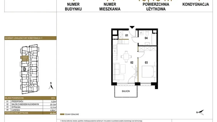 Rzut - Mieszkanie na sprzedaż 2 pokoje o powierzchni 40,45 m² - numer 1.M14 w Osiedle Saturna