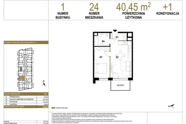 Rzut - Mieszkanie na sprzedaż 2 pokoje o powierzchni 40,45 m² - numer 1.M24 w Osiedle Saturna