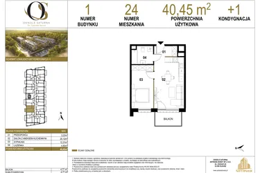 Rzut - Mieszkanie na sprzedaż 2 pokoje o powierzchni 40,45 m² - numer 1.M24 w Osiedle Saturna