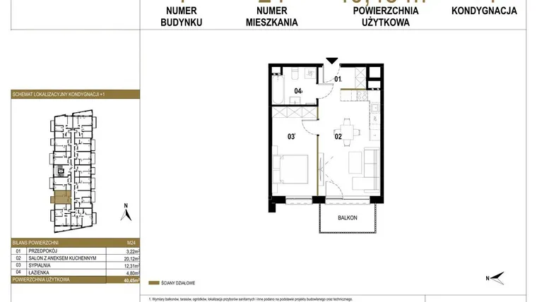 Rzut - Mieszkanie na sprzedaż 2 pokoje o powierzchni 40,45 m² - numer 1.M24 w Osiedle Saturna