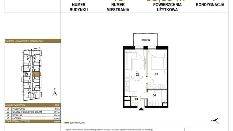 Rzut - Mieszkanie na sprzedaż 2 pokoje o powierzchni 36,6 m² - numer 1.M19 w Osiedle Saturna