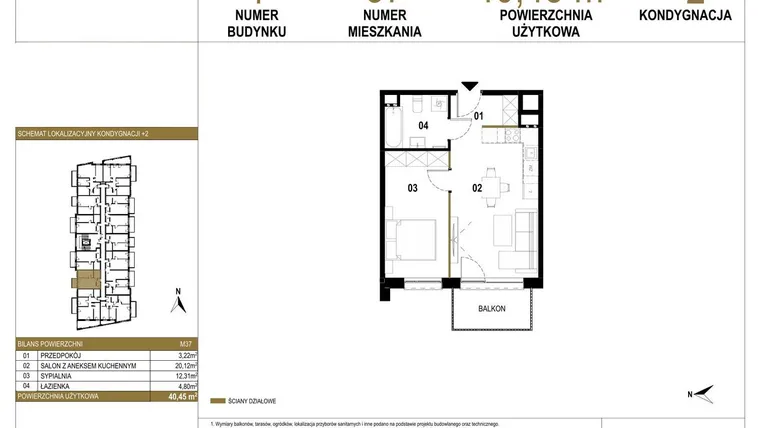 Rzut - Mieszkanie na sprzedaż 2 pokoje o powierzchni 40,45 m² - numer 1.M37 w Osiedle Saturna