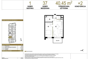 Rzut - Mieszkanie na sprzedaż 2 pokoje o powierzchni 40,45 m² - numer 1.M37 w Osiedle Saturna