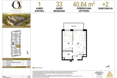 Rzut - Mieszkanie na sprzedaż 2 pokoje o powierzchni 40,64 m² - numer 1.M33 w Osiedle Saturna