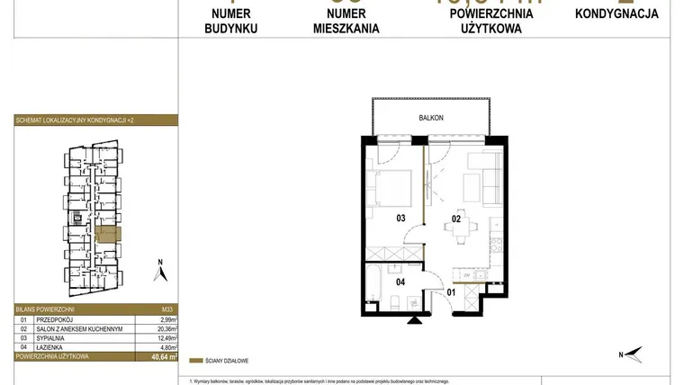 Rzut - Mieszkanie na sprzedaż 2 pokoje o powierzchni 40,64 m² - numer 1.M33 w Osiedle Saturna