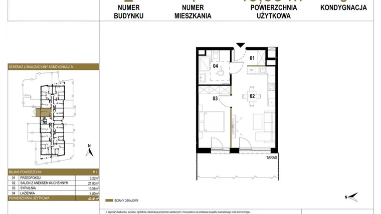 Rzut - Mieszkanie na sprzedaż 2 pokoje o powierzchni 43,38 m² - numer 2.M1 w Osiedle Saturna