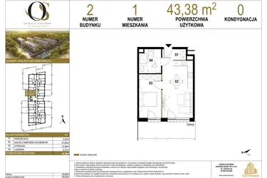 Rzut - Mieszkanie na sprzedaż 2 pokoje o powierzchni 43,38 m² - numer 2.M1 w Osiedle Saturna