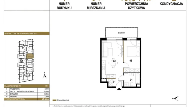 Rzut - Mieszkanie na sprzedaż 2 pokoje o powierzchni 40,64 m² - numer 1.M31 w Osiedle Saturna