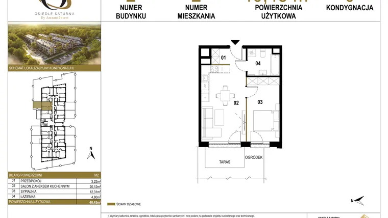 Rzut - Mieszkanie na sprzedaż 2 pokoje o powierzchni 40,45 m² - numer 2.M2 w Osiedle Saturna