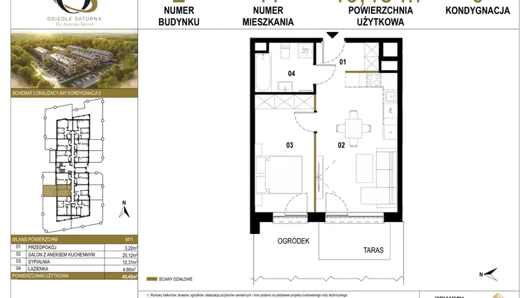 Rzut - Mieszkanie na sprzedaż 2 pokoje o powierzchni 40,45 m² - numer 2.M11 w Osiedle Saturna