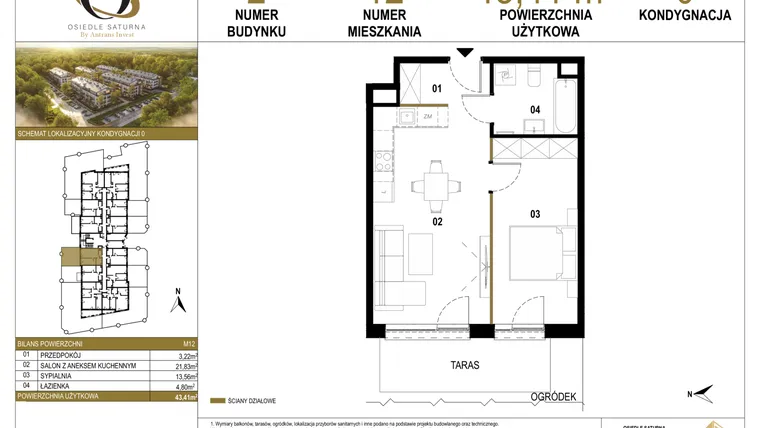 Rzut - Mieszkanie na sprzedaż 2 pokoje o powierzchni 43,41 m² - numer 2.M12 w Osiedle Saturna