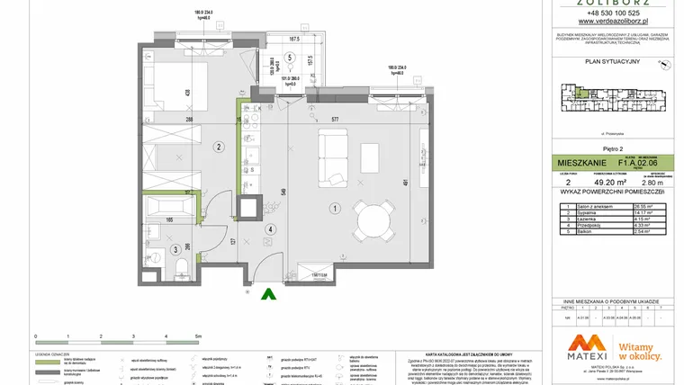 Rzut - Mieszkanie na sprzedaż 2 pokoje o powierzchni 49,2 m² - numer F1.A.02.06 w Verdea Żoliborz