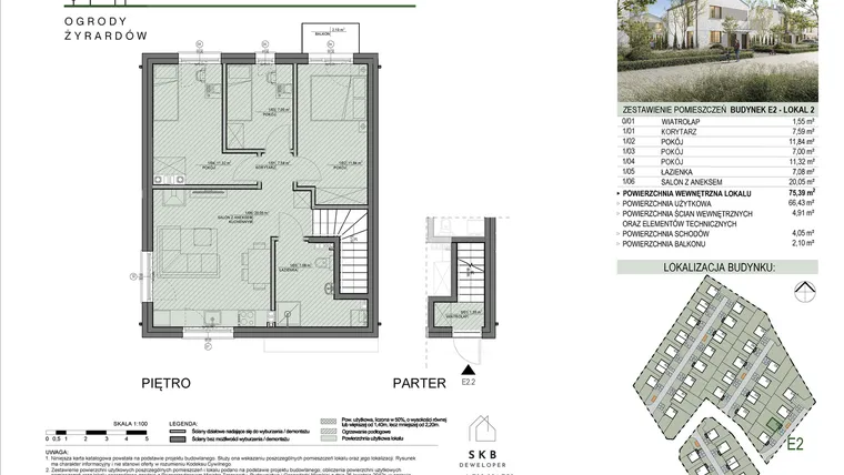 Rzut - Mieszkanie na sprzedaż 4 pokoje o powierzchni 75,39 m² - numer E2.2 w Ogrody Żyrardów etap E