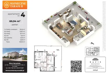 Rzut - Mieszkanie na sprzedaż 3 pokoje o powierzchni 60,94 m² - numer 4 w Słoneczne Tarasy II etap 2