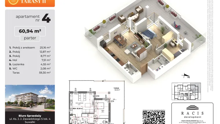 Rzut - Mieszkanie na sprzedaż 3 pokoje o powierzchni 60,94 m² - numer 4 w Słoneczne Tarasy II etap 2
