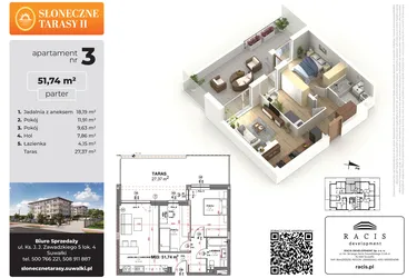 Rzut - Mieszkanie na sprzedaż 3 pokoje o powierzchni 51,74 m² - numer 3 w Słoneczne Tarasy II etap 2