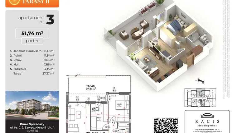 Rzut - Mieszkanie na sprzedaż 3 pokoje o powierzchni 51,74 m² - numer 3 w Słoneczne Tarasy II etap 2