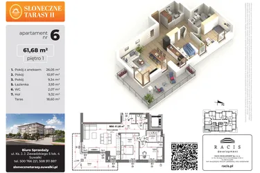 Rzut - Mieszkanie na sprzedaż 3 pokoje o powierzchni 61,68 m² - numer 6 w Słoneczne Tarasy II etap 2