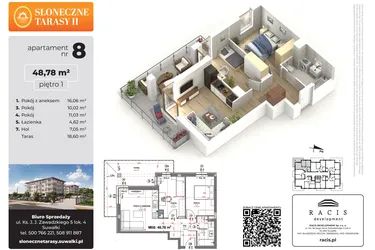 Rzut - Mieszkanie na sprzedaż 3 pokoje o powierzchni 48,78 m² - numer 8 w Słoneczne Tarasy II etap 2