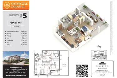 Rzut - Mieszkanie na sprzedaż 3 pokoje o powierzchni 60,91 m² - numer 5 w Słoneczne Tarasy II etap 2