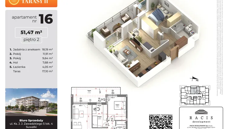 Rzut - Mieszkanie na sprzedaż 3 pokoje o powierzchni 51,47 m² - numer 16 w Słoneczne Tarasy II etap 2