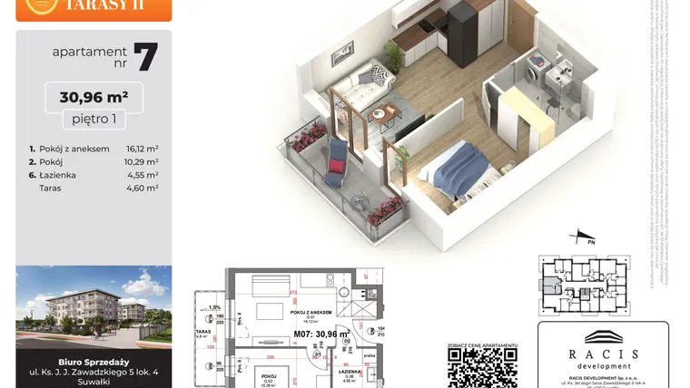 Rzut - Mieszkanie na sprzedaż 2 pokoje o powierzchni 30,96 m² - numer 7 w Słoneczne Tarasy II etap 2
