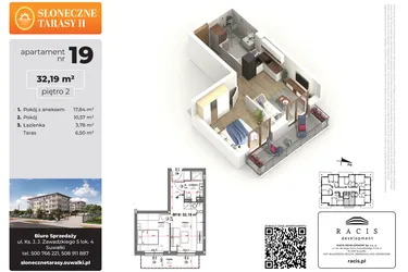 Rzut - Mieszkanie na sprzedaż 2 pokoje o powierzchni 32,19 m² - numer 19 w Słoneczne Tarasy II etap 2