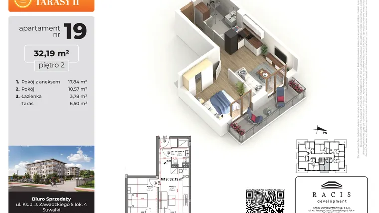Rzut - Mieszkanie na sprzedaż 2 pokoje o powierzchni 32,19 m² - numer 19 w Słoneczne Tarasy II etap 2