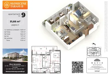 Rzut - Mieszkanie na sprzedaż 3 pokoje o powierzchni 51,66 m² - numer 9 w Słoneczne Tarasy II etap 2