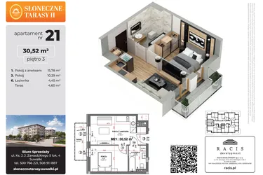Rzut - Mieszkanie na sprzedaż 2 pokoje o powierzchni 30,52 m² - numer 21 w Słoneczne Tarasy II etap 2