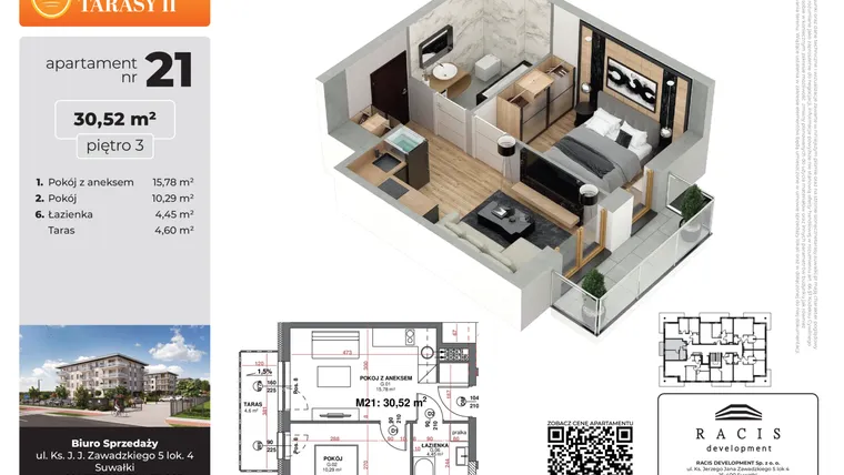Rzut - Mieszkanie na sprzedaż 2 pokoje o powierzchni 30,52 m² - numer 21 w Słoneczne Tarasy II etap 2