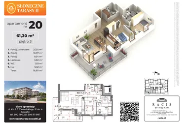 Rzut - Mieszkanie na sprzedaż 3 pokoje o powierzchni 61,3 m² - numer 20 w Słoneczne Tarasy II etap 2