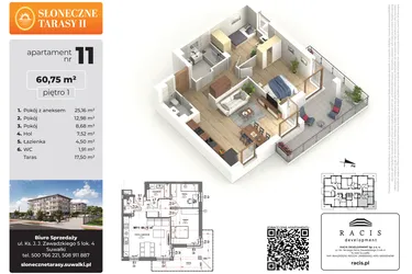 Rzut - Mieszkanie na sprzedaż 3 pokoje o powierzchni 60,75 m² - numer 11 w Słoneczne Tarasy II etap 2